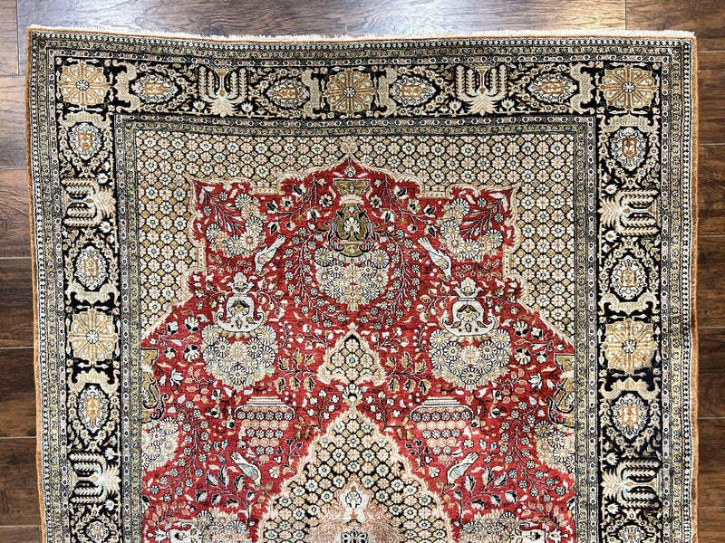 Wonderful Persian Silk Rug 5x7, Birds Floral Vases, Red, Hand Knotted Silk Fine Oriental Carpet, Handmade Vintage, Persian Qum Rug, 400 KPSI by Jewel Rugs