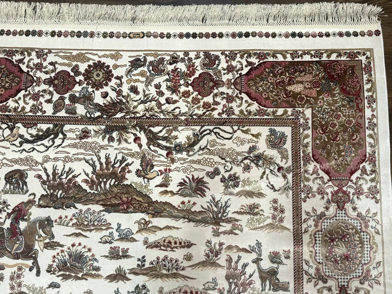 Turkish Silk Rug 5x8, Ivory, Hunting Design, Animal Pictorials, Bamboo Silk by Jewel Rugs