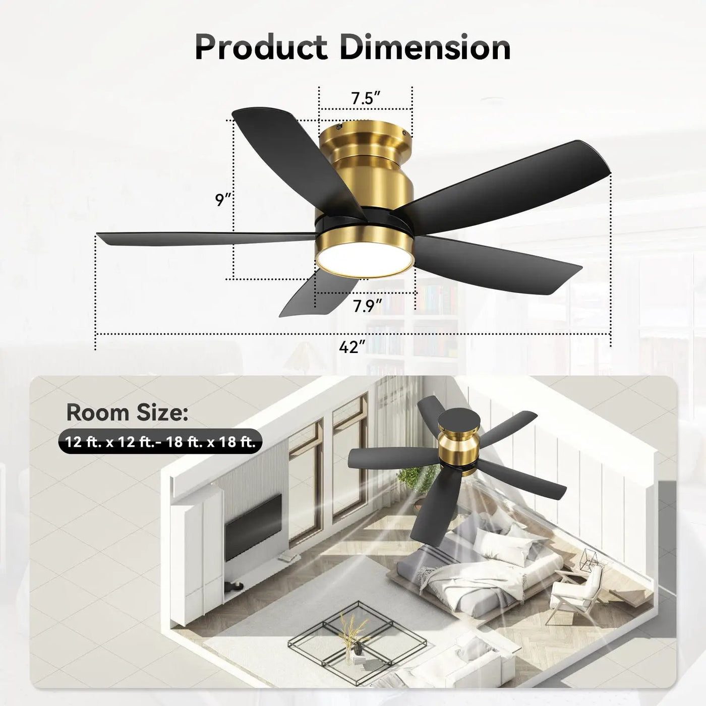 Flush Mount Ceiling Fan With LED Light 22W And Remote Control Blades / Body, DC Motor by Unique Piece Furniture