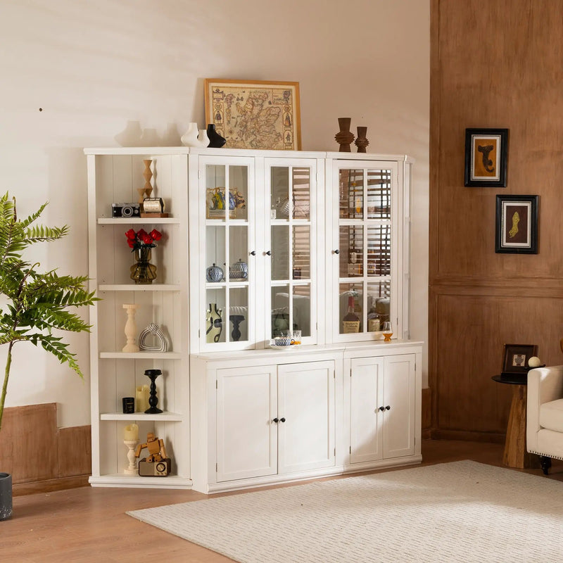 Retro Style Wall Suit With Glass Doors, 75.25" Tall Display Cabinets & Triangle Sided Bookshelves - White by HouseOfZazla