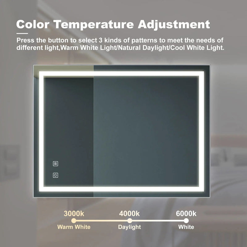 Bathroom Vanity Rectangle Mirror With Front Lighting, Anti Fog, Dimmable, Smart Memory Function