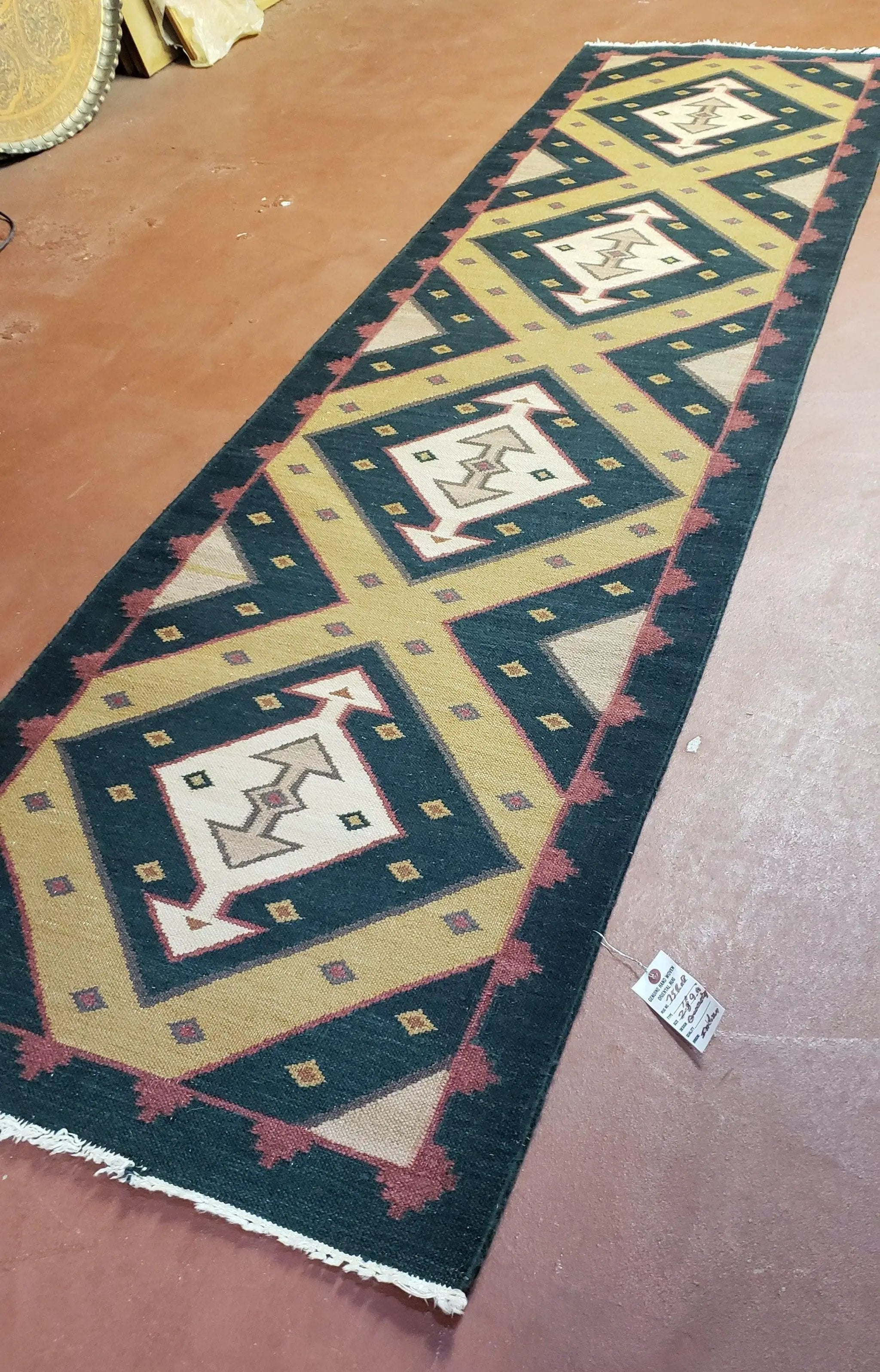 Vintage Indian Kilim Runner Rug, Geometric Flatweave Hand-Knotted Wool Kitchen Hallway Runner, Black Gold & Beige, 2' 8" x 9' 9" by Jewel Rugs