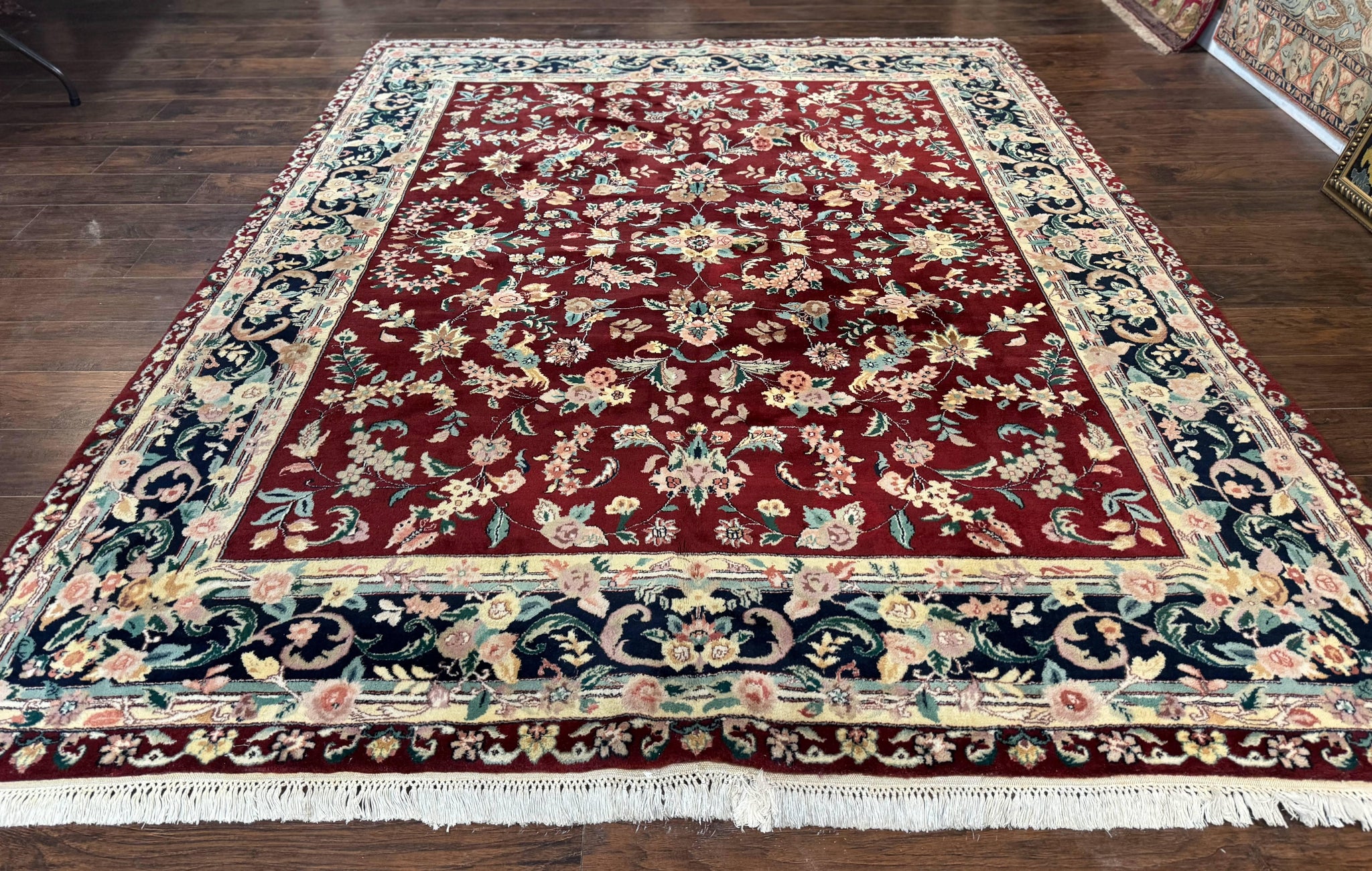 Indo Persian Rug 8x10, Floral Allover with Bird Pictorials, Maroon and Navy Blue, Handmade Wool Area Rug by Jewel Rugs