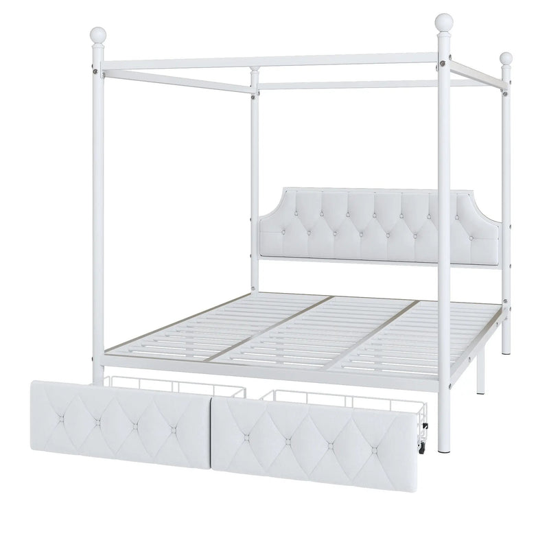 Queen Size Canopy Platform Bed With Upholstered Headboard And 2 Storage Drawers - White by HouseOfZazla
