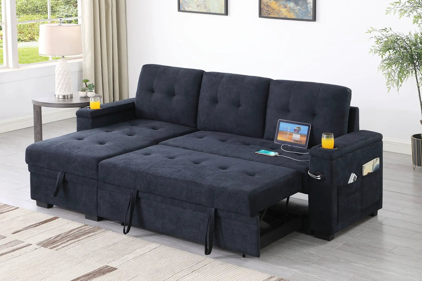 Ashlyn II - 84"W Woven Fabric Reversible Sleeper Sectional Sofa with Storage Chaise by Unique Piece Furniture