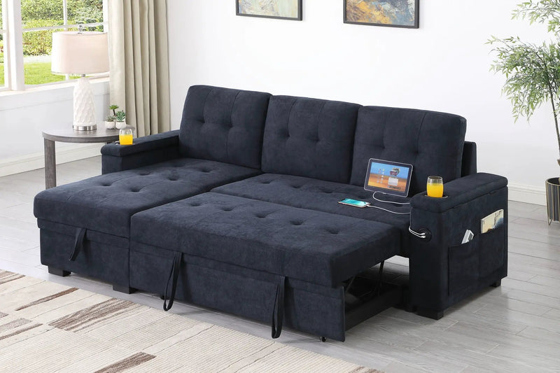 Ashlyn II - 84"W Woven Fabric Reversible Sleeper Sectional Sofa with Storage Chaise by HouseOfZazla