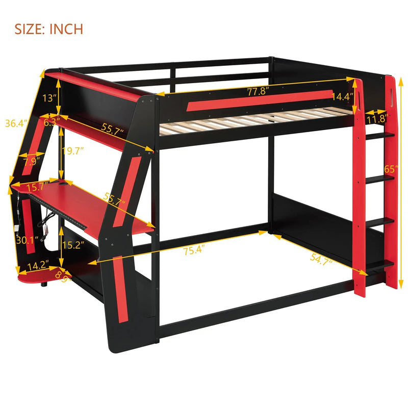 Full-Size Gaming Bunk Bed with Side-Mounted Oversized RGB Desk by HouseOfZazla