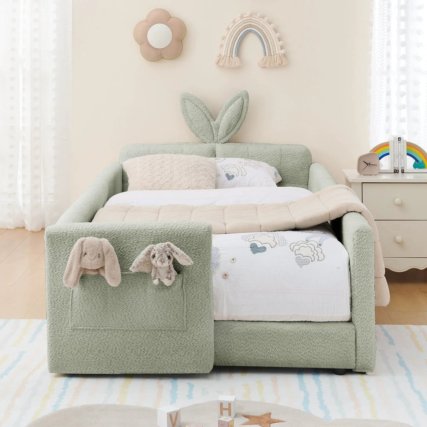 Cute Rabbit Ear Upholstered Platform Bed Frame With Safety Rail by Unique Piece Furniture
