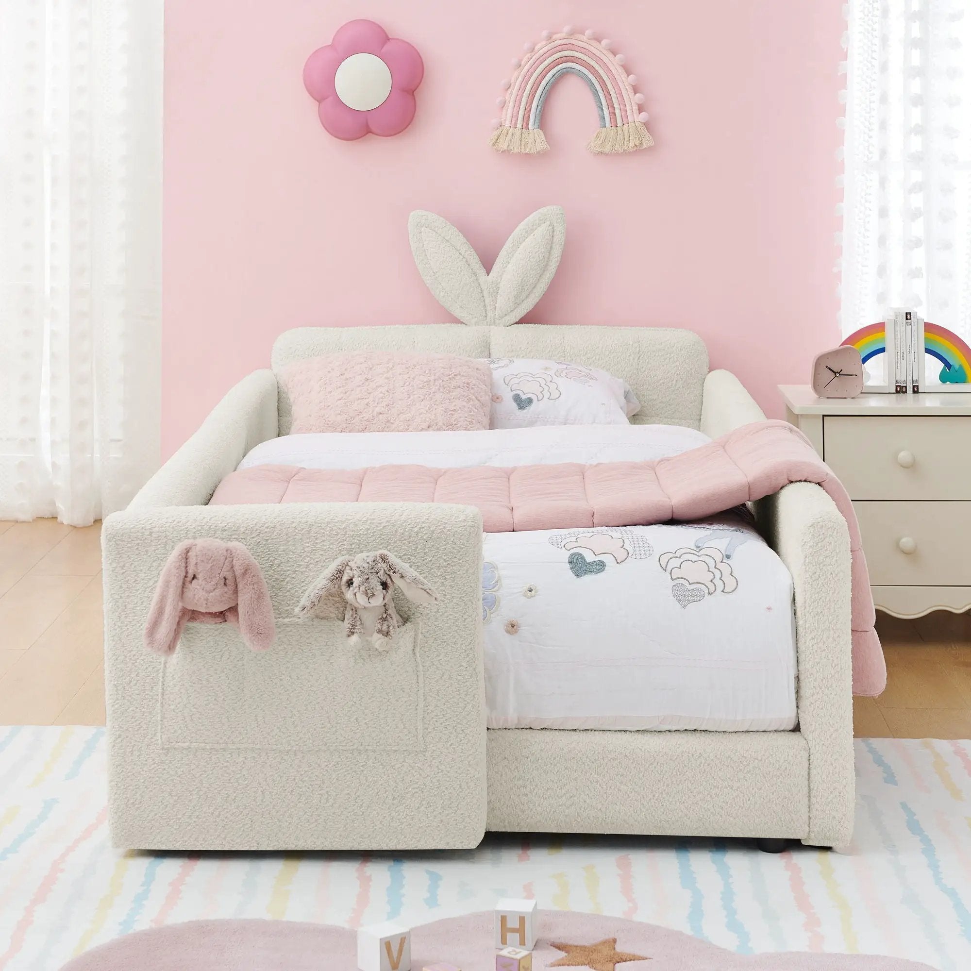 Cute Rabbit Ear Upholstered Platform Bed Frame With Safety Rail by Unique Piece Furniture