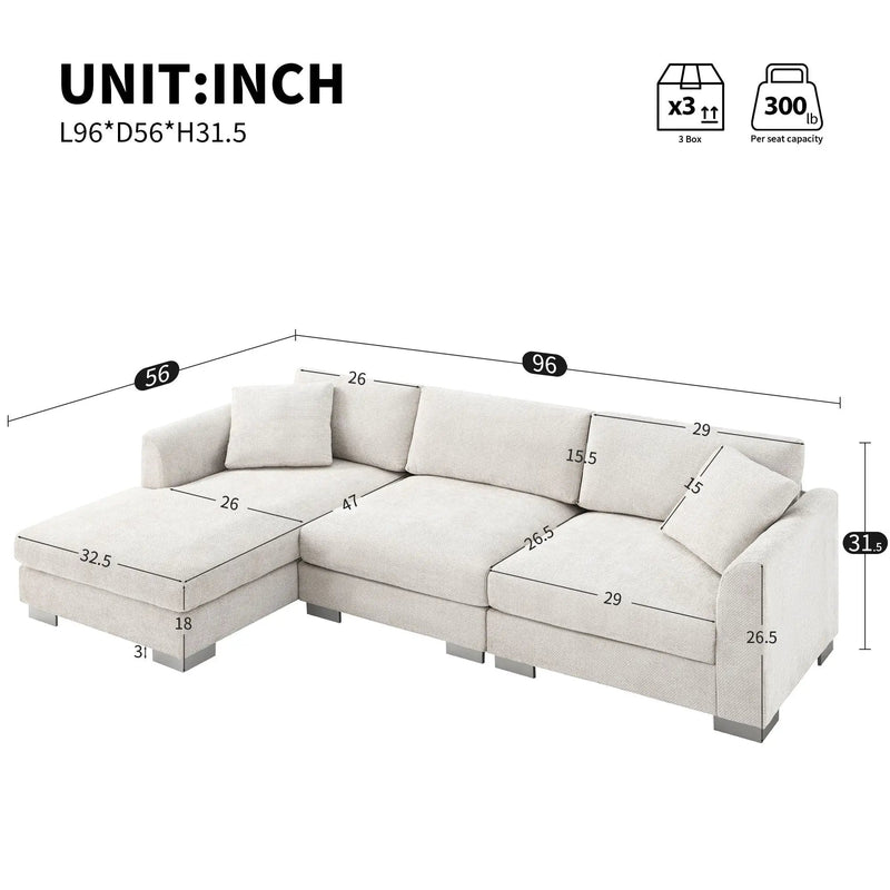 Modern Cloud Sectional Sofa L Shaped Luxury Couch Set With 2 Free Pillows 4 Seat With Oversized Chaise by Unique Piece Furniture