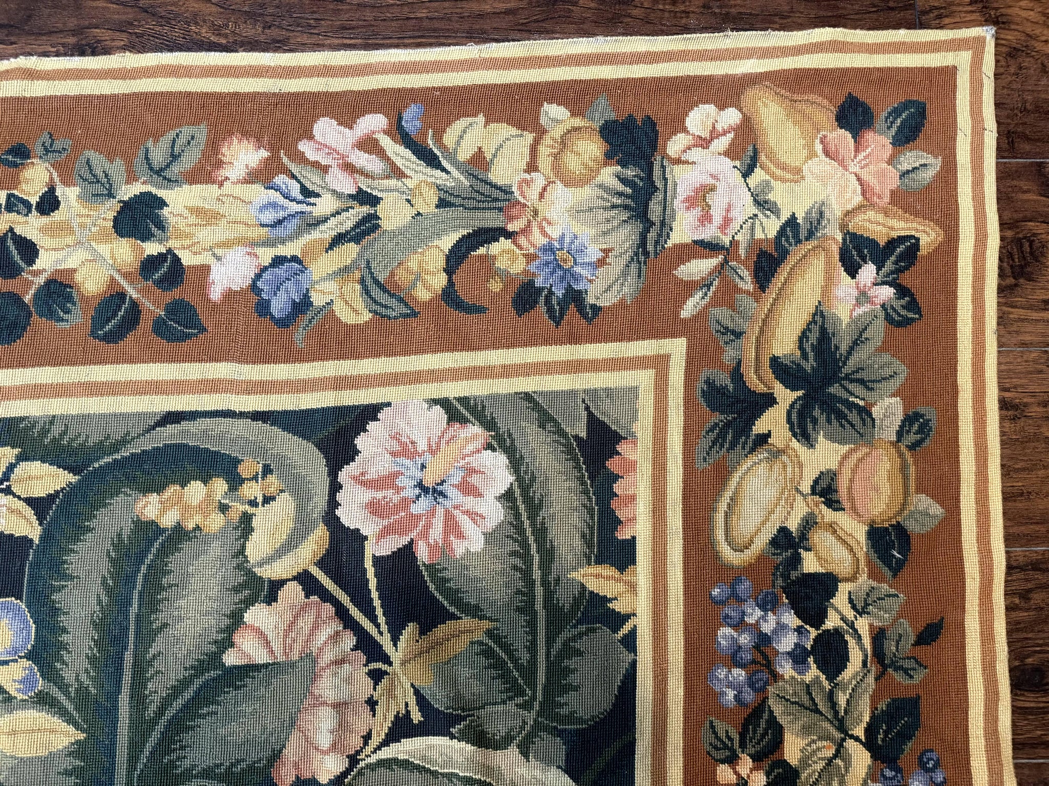 Needlepoint Rug 8x10, Vintage, Handmade, Wool, Green, Leaves & Fruits by Jewel Rugs