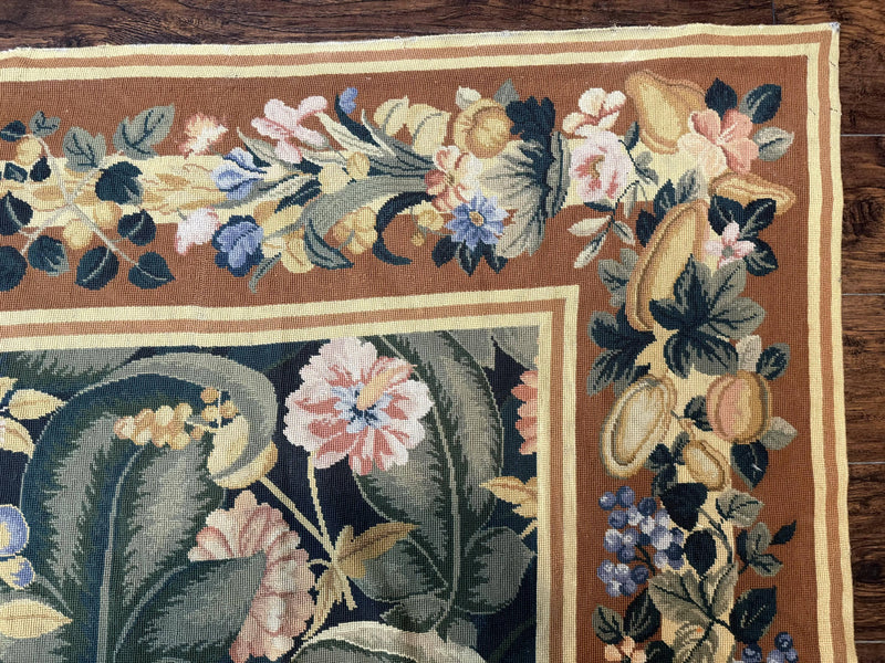 Needlepoint Rug 8x10, Vintage, Handmade, Wool, Green, Leaves & Fruits by Jewel Rugs