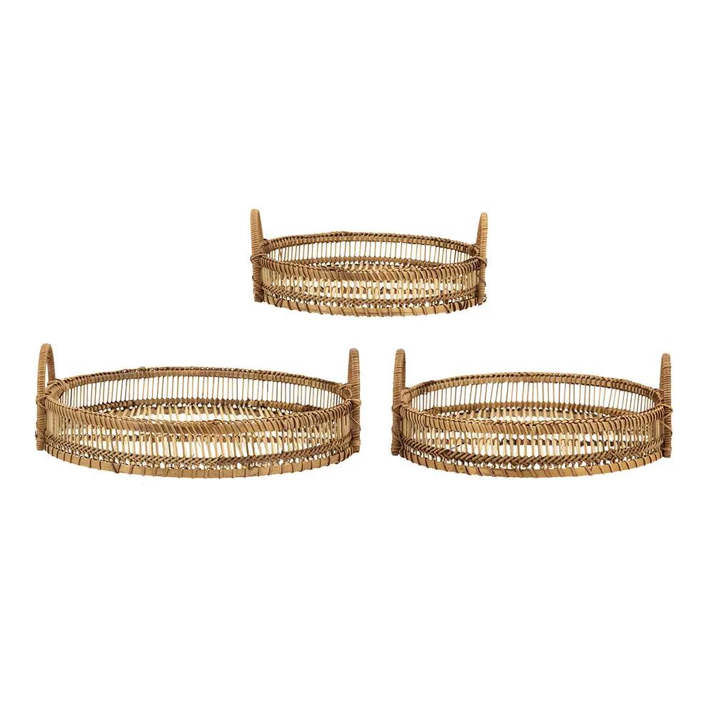 Set of 3 Round Decorative Brown Bamboo Woven Trays with Handles by HouseOfZazla
