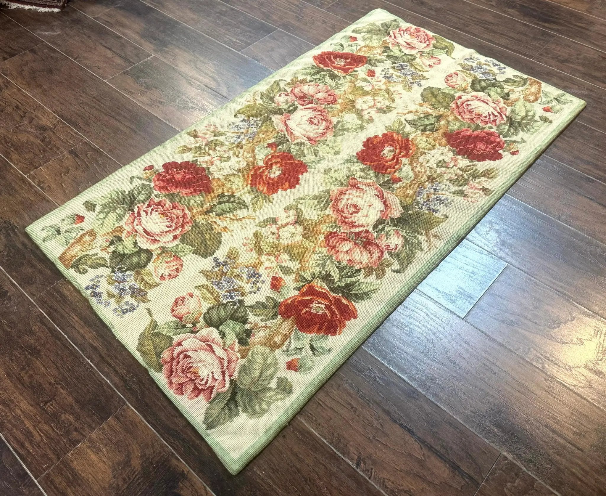 Small Needlepoint Rug 2.8 x 4.7, Floral, Vintage by Jewel Rugs
