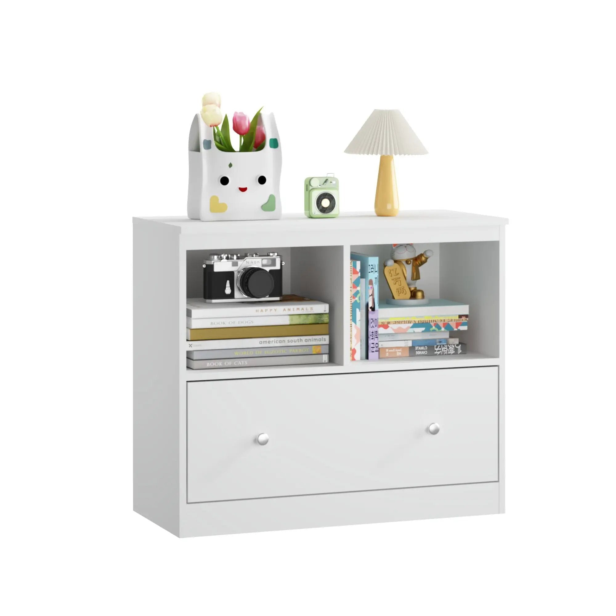 Toy Storage Organizer With Large Drawer And Low Bookshelf For Nursery & Playroom - White by HouseOfZazla
