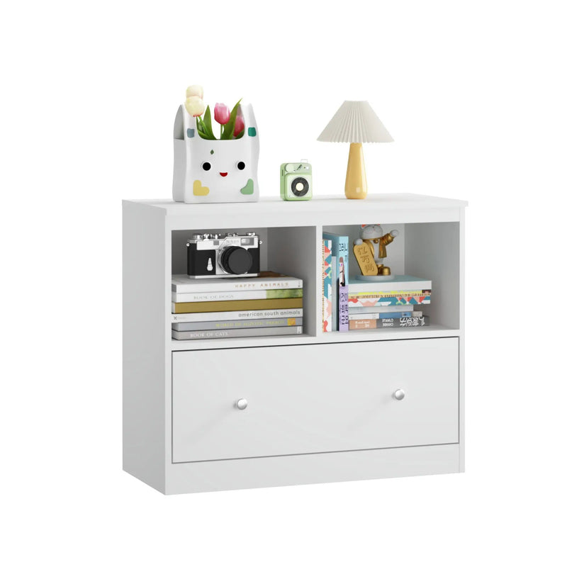 Toy Storage Organizer With Large Drawer And Low Bookshelf For Nursery & Playroom - White by HouseOfZazla