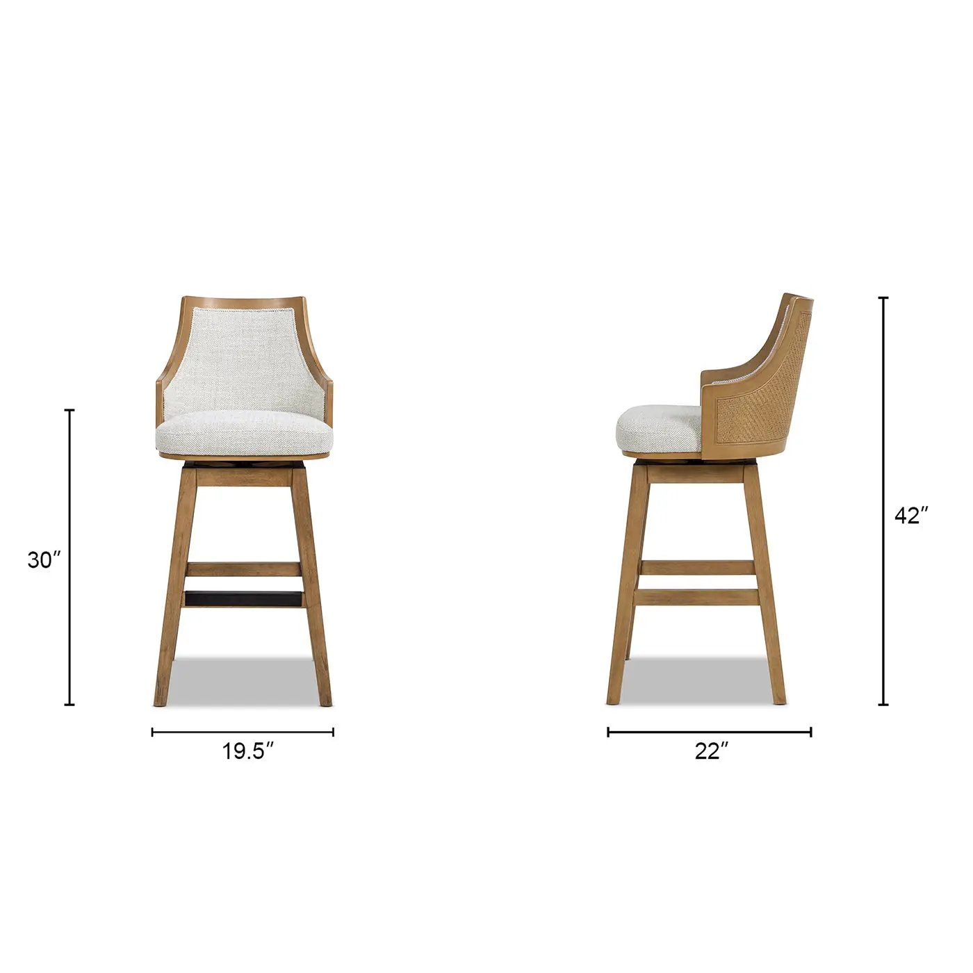 Bahama 30' Cane Rattan High-Back Swivel Bar Stool with Recessed Arms, Two-Tone Neutral Gray Polyester Wool Blend by HouseOfZazla