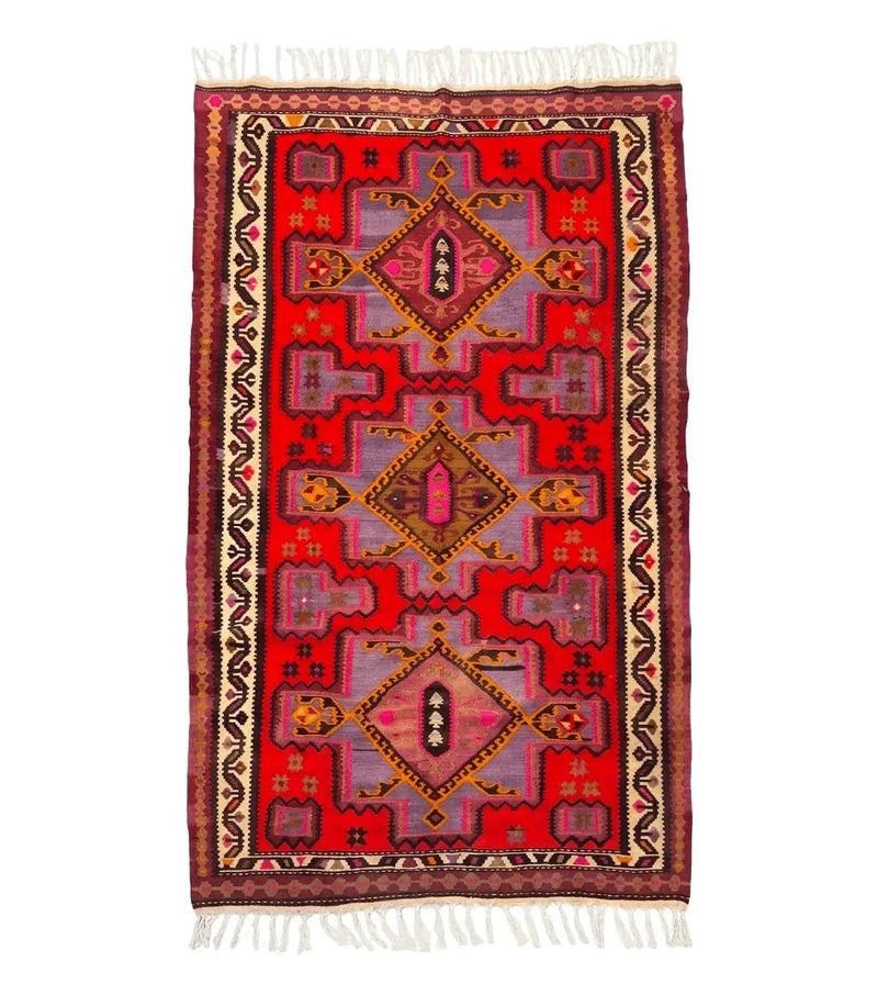 Persian Kurdish Zarand Kilim Rug 5x9, Red, Geometric Medallions, Wide Runner by Jewel Rugs