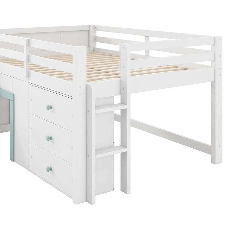 Modern Low Loft Bed With Slide, 3 Storage Drawers, And 2 Doors