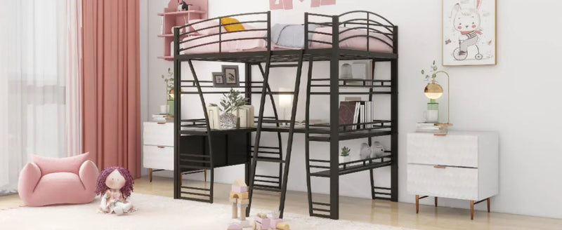 Loft Bed With 4 Layers Of Shelves And L-Shaped Desk, Stylish Metal Frame Bed With A Set Of Sockets, USB Ports And And Wireless Charging by HouseOfZazla