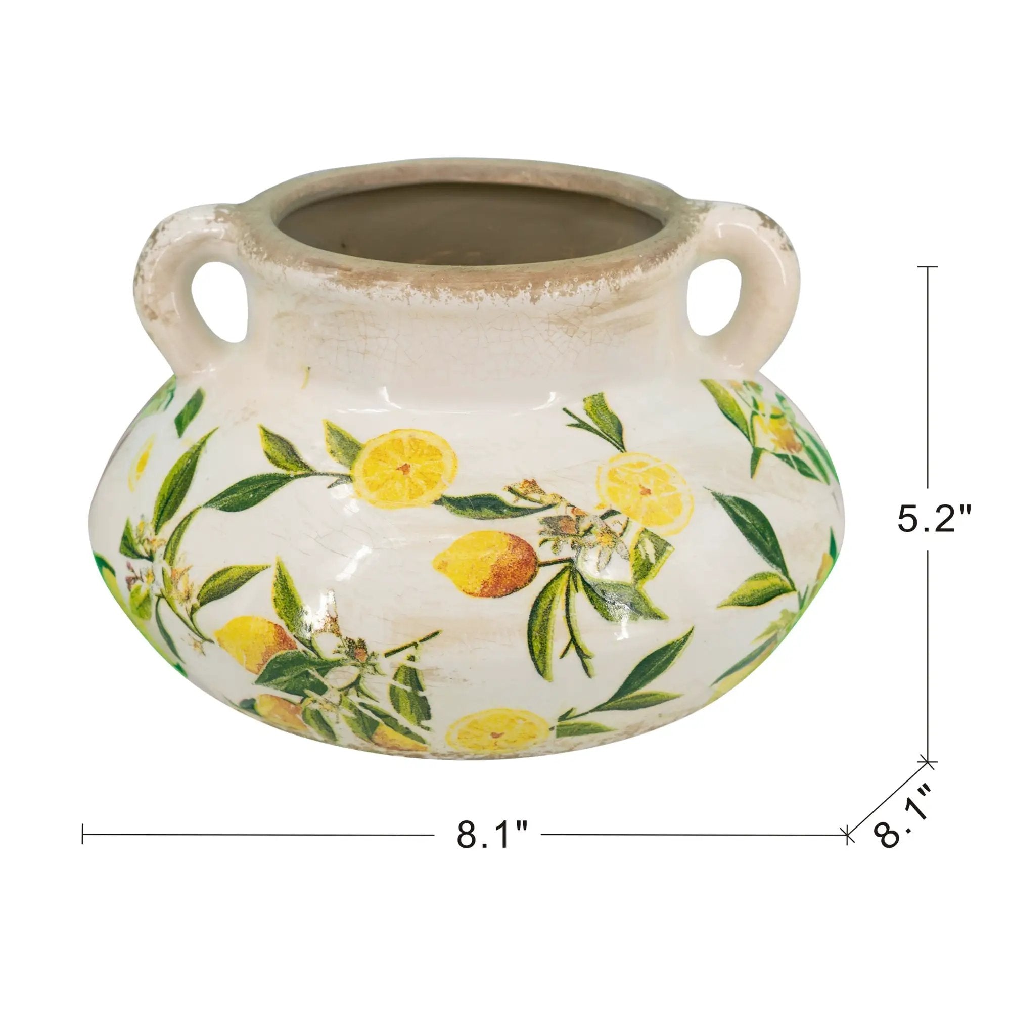 8.1x8.1x5.2" Ceramic Planter with Yellow Lemon and Green Leaf Motif by HouseOfZazla