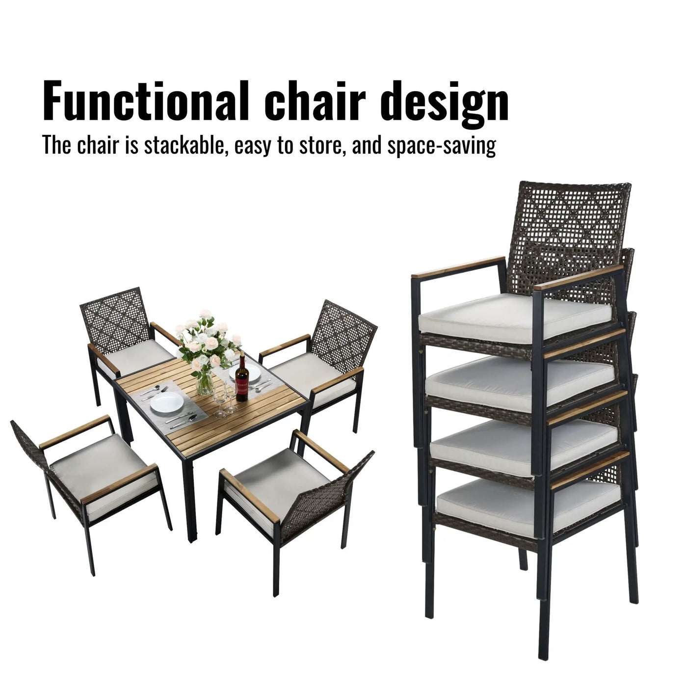 5 Piece Patio Dining Table Set, Acacia Wood Table Top With Umbrella Hole by HouseOfZazla