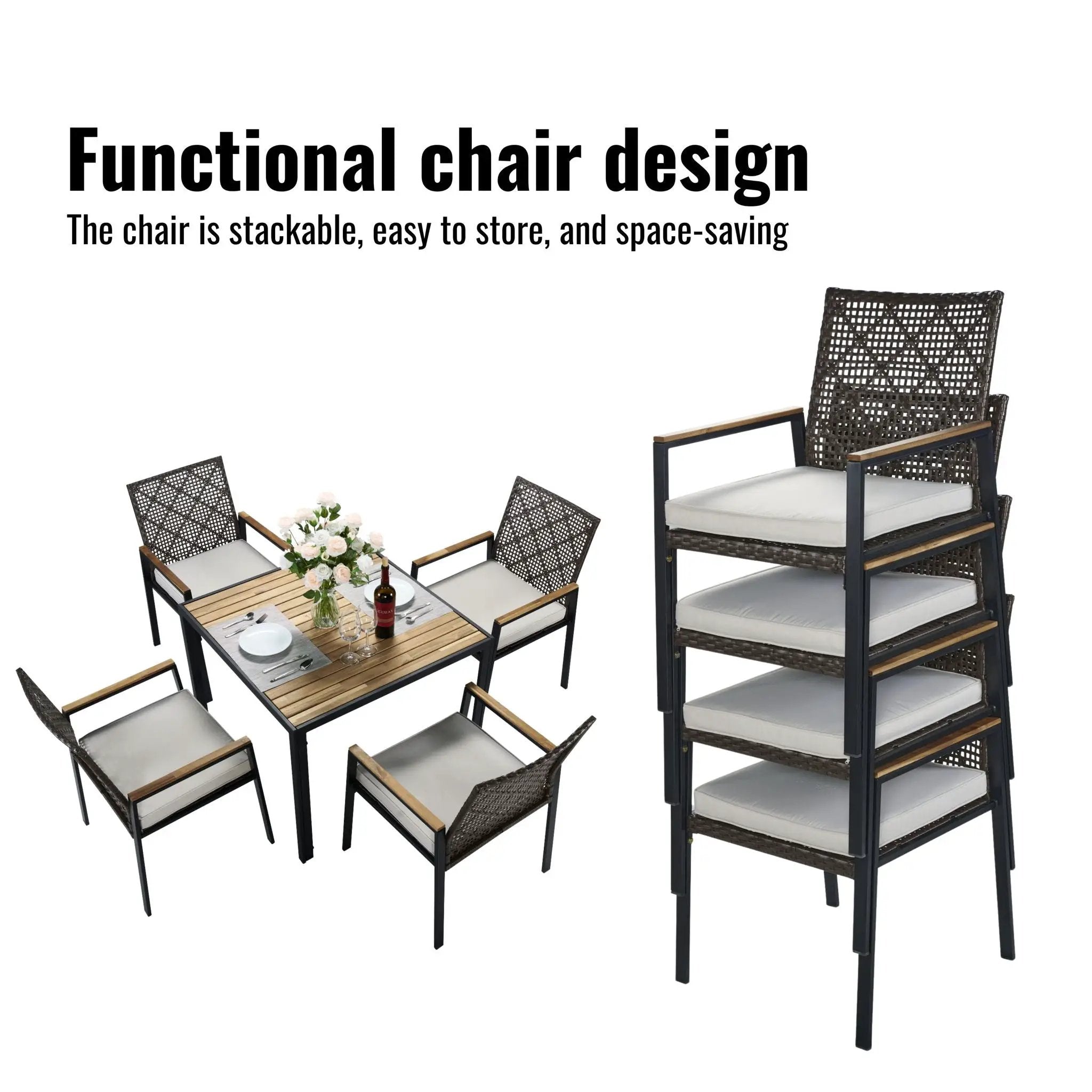 5 Piece Patio Dining Table Set, Acacia Wood Table Top With Umbrella Hole by HouseOfZazla