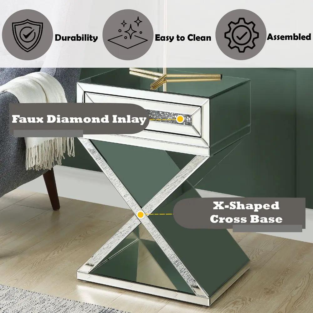 Noralie - Accent Table, X-Shaped Base - Mirrored & Faux Diamonds by Unique Piece Furniture