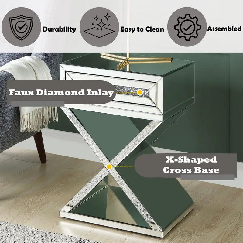 Noralie - Accent Table, X-Shaped Base - Mirrored & Faux Diamonds by Unique Piece Furniture