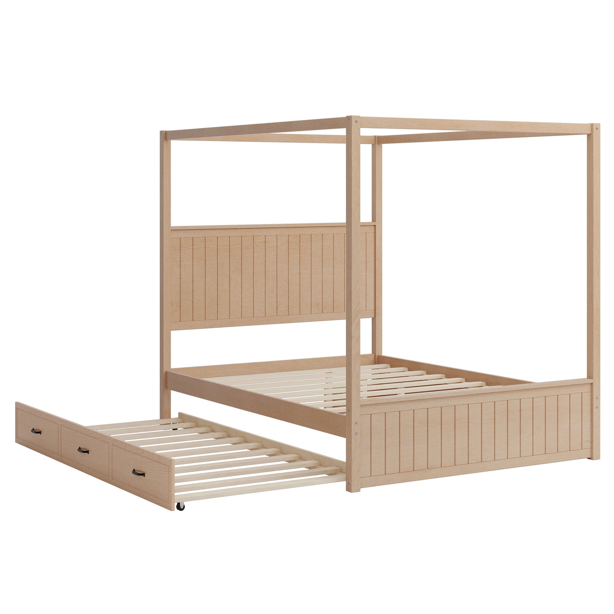 Queen Size Canopy Platform Bed With Trundle And 3 Storage Drawers, 4 Post, No Box Spring Needed - Natural by HouseOfZazla