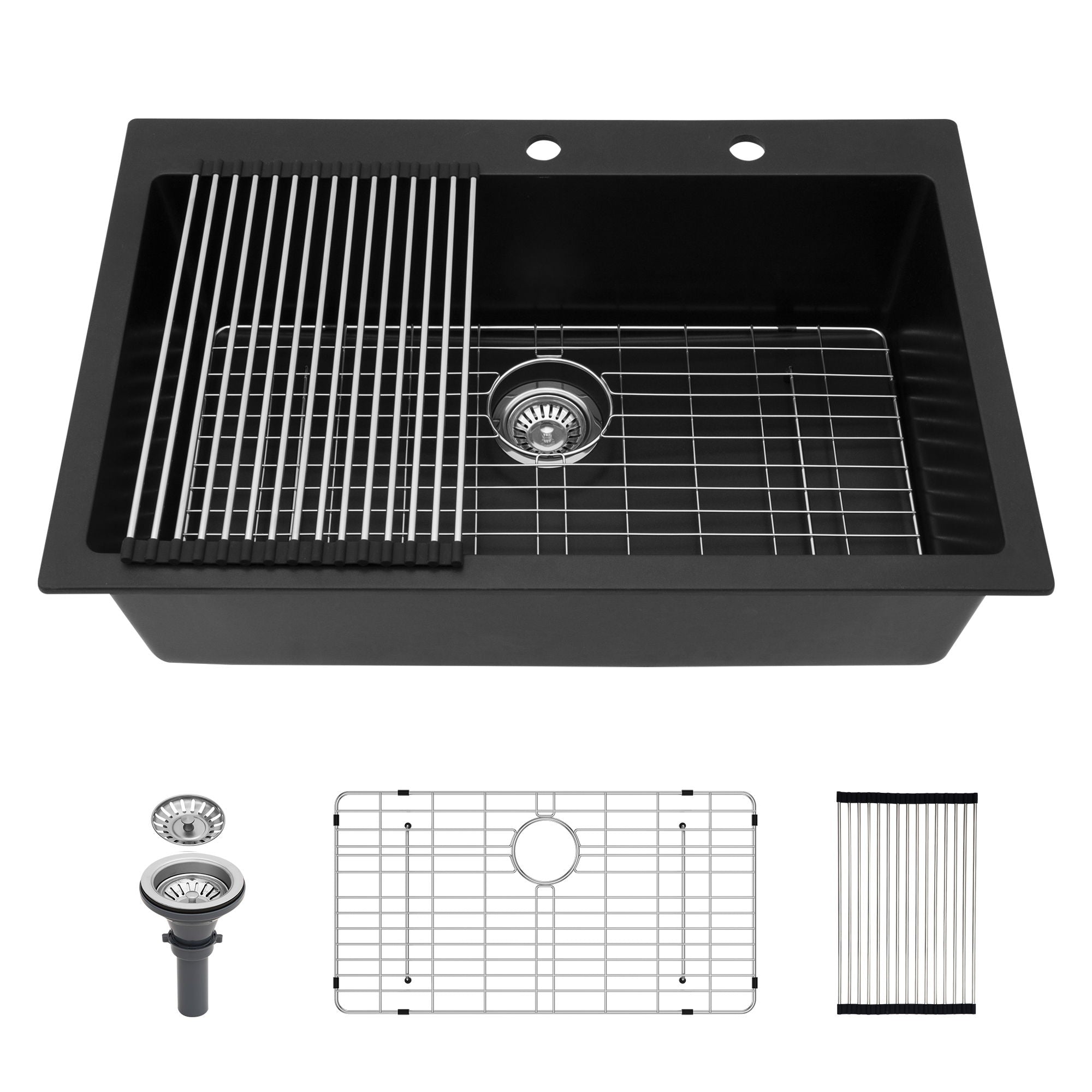Kitchen Sink Granite Composite Drop In Sink With Durable Material - Black by HouseOfZazla
