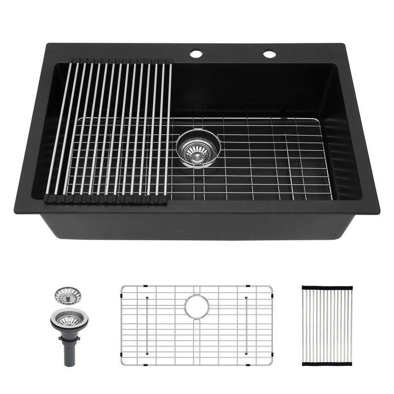 Kitchen Sink Granite Composite Drop In Sink With Durable Material - Black by HouseOfZazla