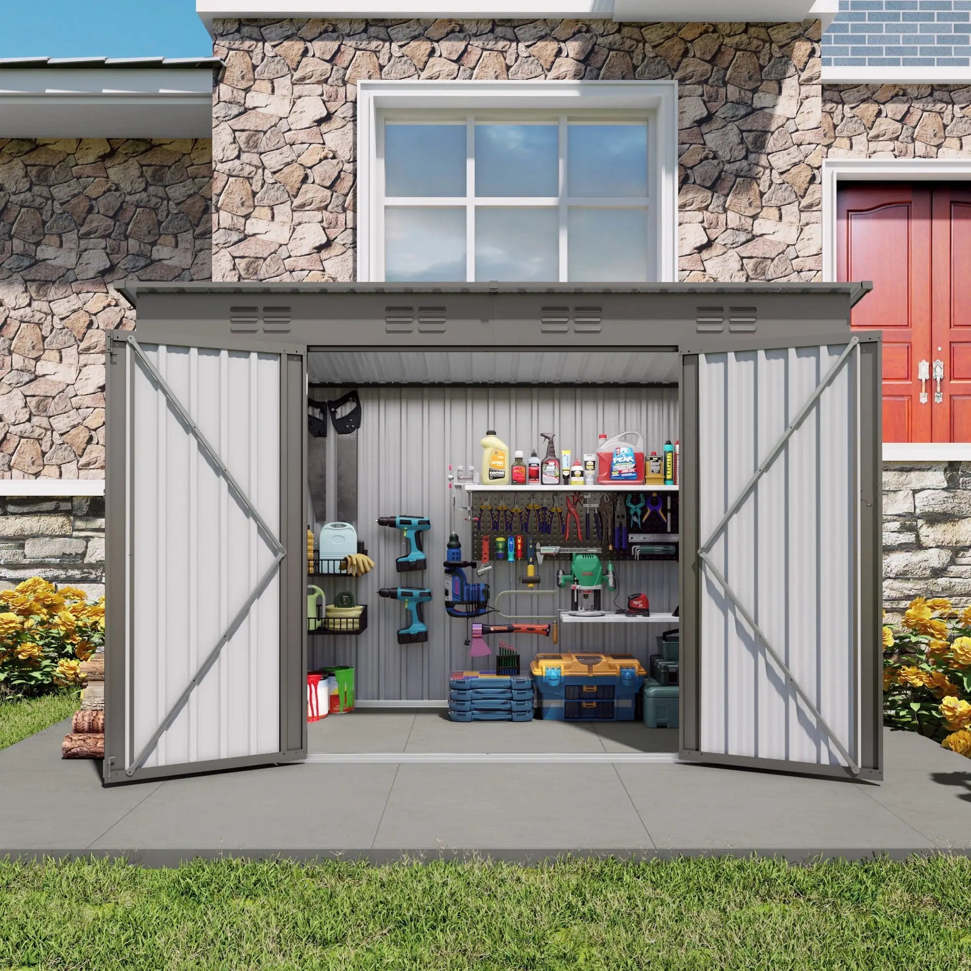 Outdoor Storage Shed, Tool House With Sloping Roof, 6 Vents And 2 Swing Doors For Backyard - Gray by HouseOfZazla