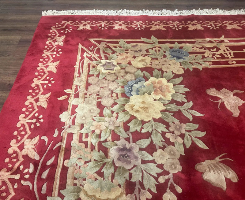 Palace Size Chinese Wool Rug 12x18, Red Art Deco Chinese Carving Carpet, Butterflies Flowers by Jewel Rugs