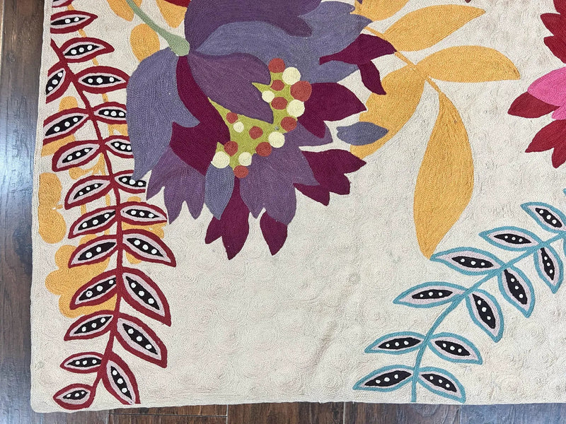 Indian Hand Stitched Rug 4x6, Floral, Silk, Large Floral Design by Jewel Rugs