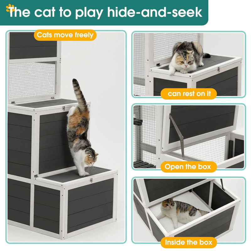 3 Tier Wooden Outdoor & Indoor Cat House Suitable For 1-3 Cats Cat Enclosure Resting Box With 4 Platforms And 2 Doors Cat Shelter Kitty House With A Jump Box For Hiding And Resting Cat Cage - Gray by HouseOfZazla