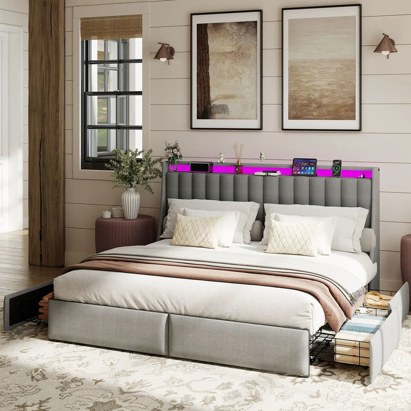 King Upholstered Bed Frame With 4 Storage Drawers, RGB LED Lights & USB / Type-C Charging Station by HouseOfZazla
