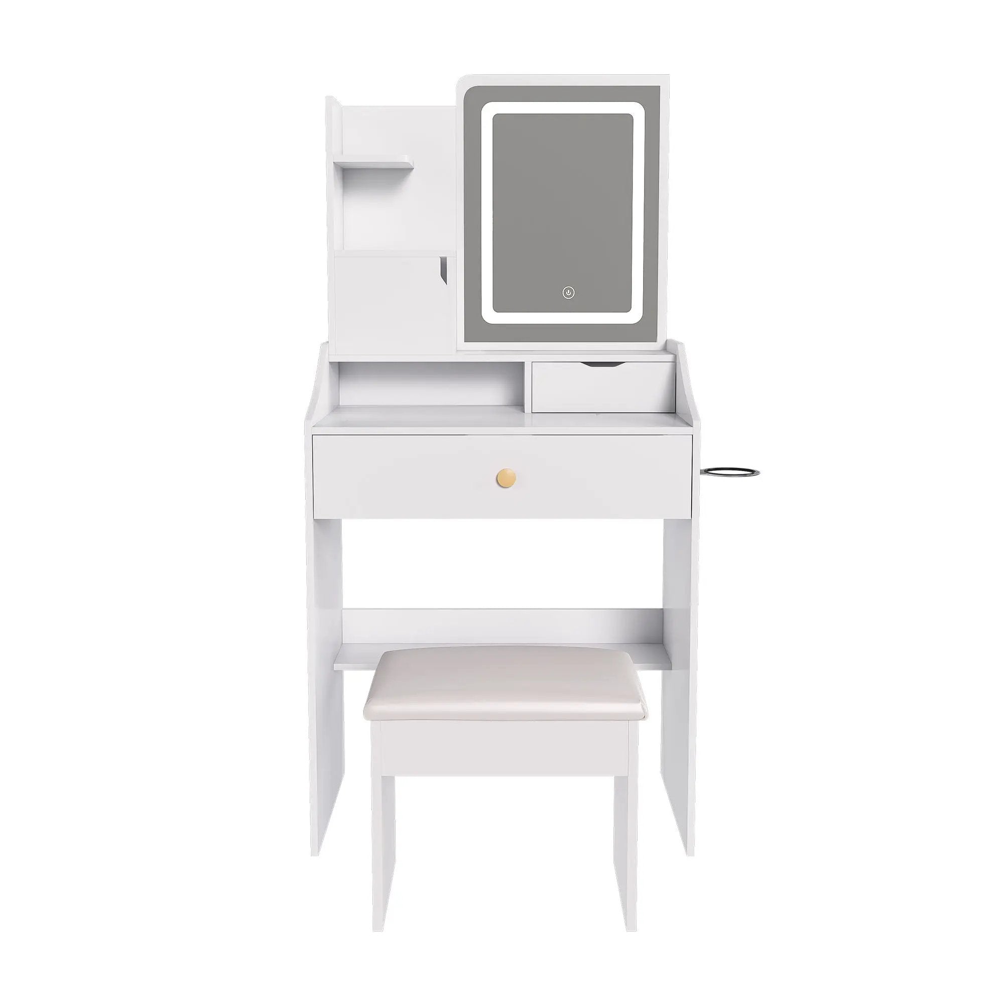 3 Color LED Vanity Mirror With Stool, Dressing Table For Bedroom, 2 Drawers & 5 Storage Cabinets (4 Open + 1 Hidden), Adjustable Lighting - White by HouseOfZazla