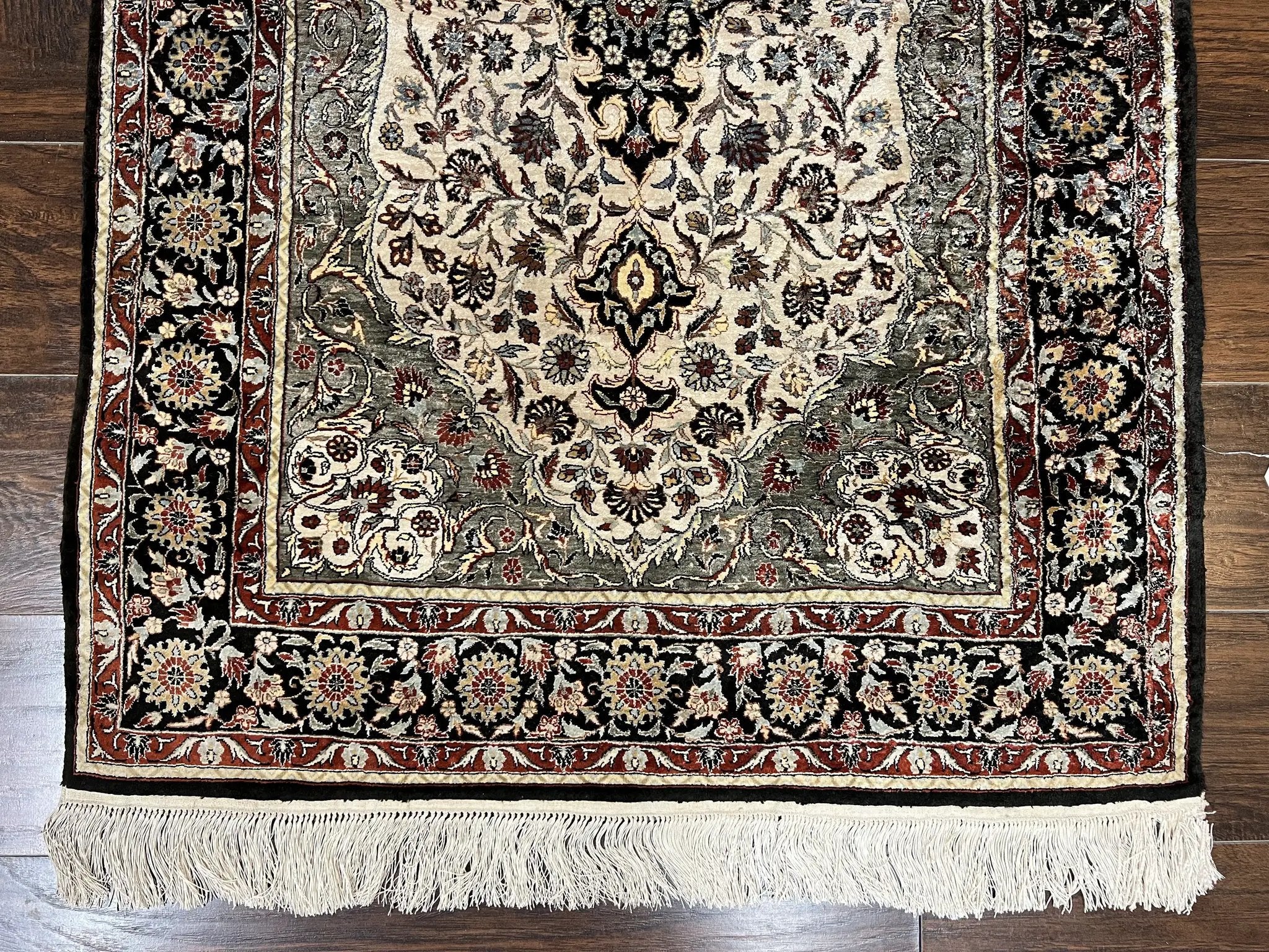 Silk Sino Persian Rug 3x5, Floral Medallion, Hand Knotted Silk Pile Silk Foundation, Traditional Silk Handmade Oriental Carpet, Cream Black by Jewel Rugs