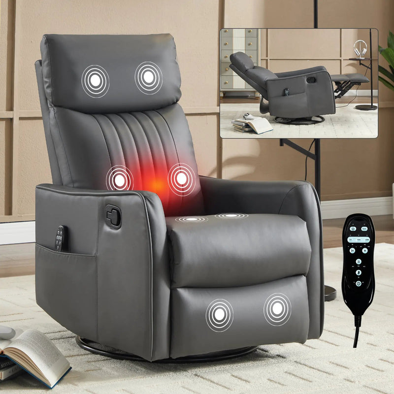 Grey Faux Leather Heat Massage Manual Recliner Chair with Rocker and Swivel by HouseOfZazla
