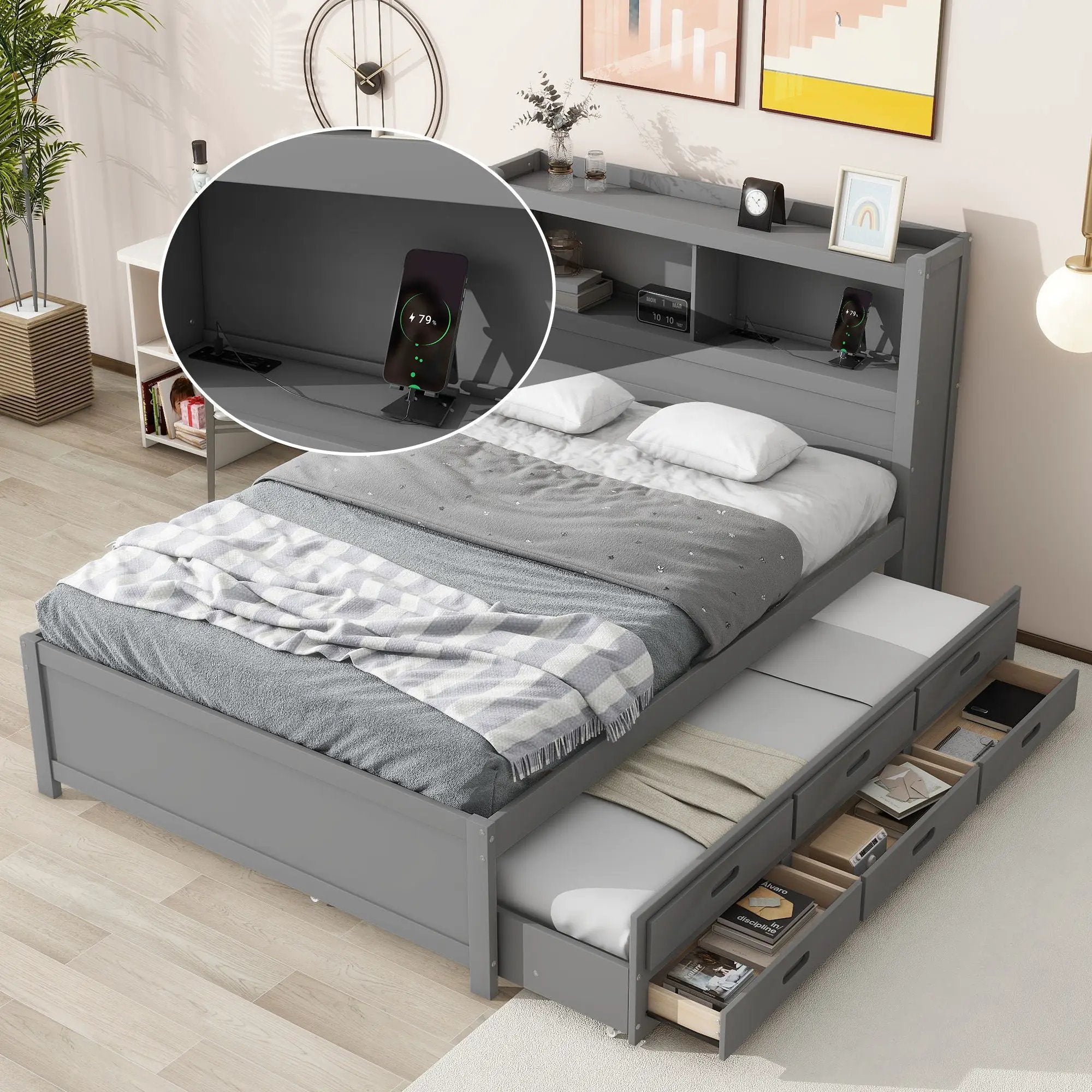 Full Size Platform Bed With Trundle, Drawers, USB Ports And Built In Shelves - Gray by HouseOfZazla