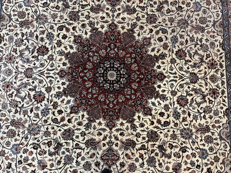 Sino Persian Rug 9x12, Vintage Wool Oriental Carpet, Floral Medallion, Wool Rug, Cream and Maroon by Jewel Rugs