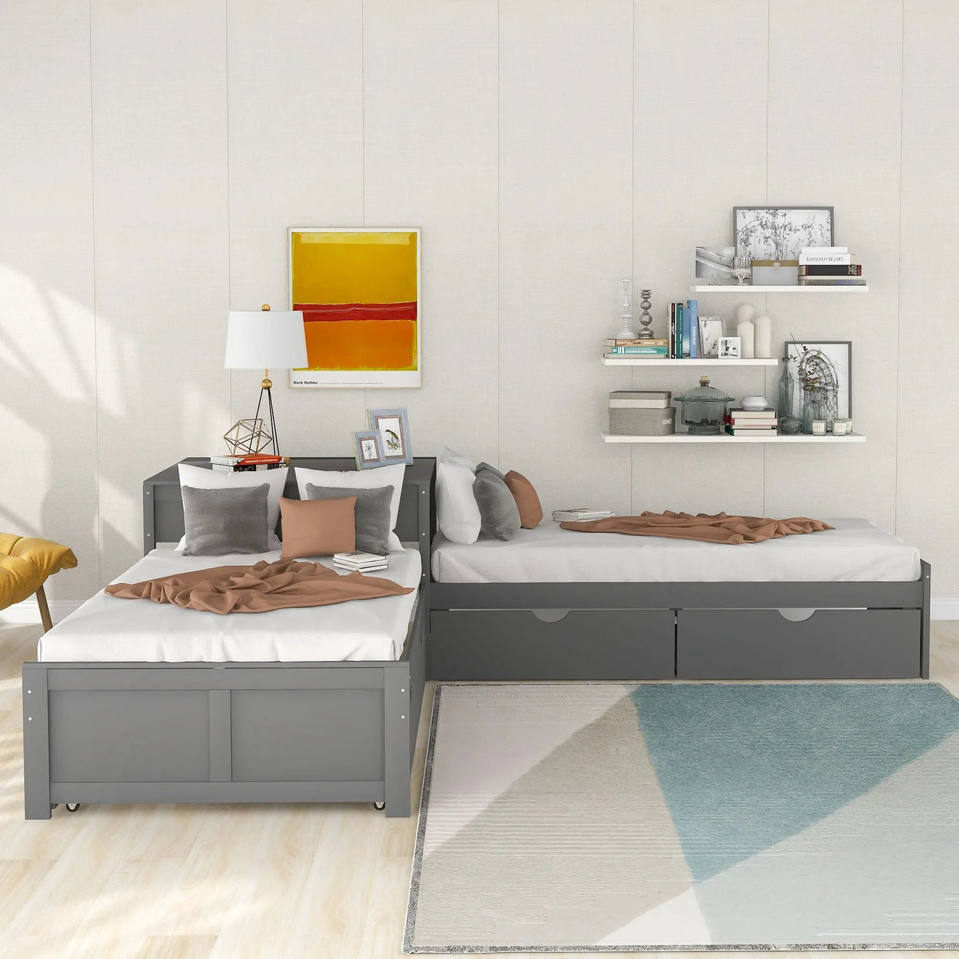 L Shaped Platform Bed With Trundle And Drawers Linked With Built In Desk by HouseOfZazla
