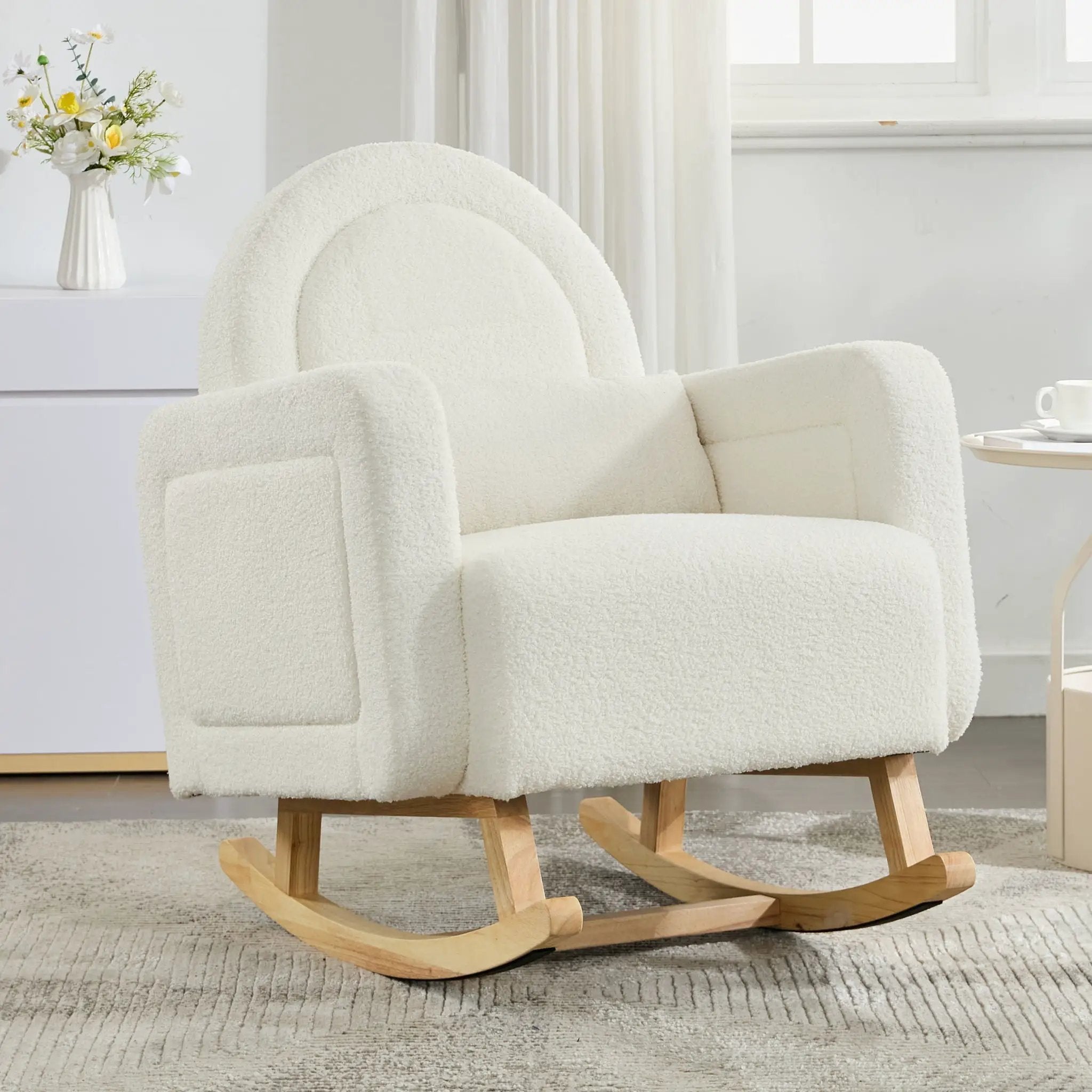 Accent Rocking Chair With Curved Back & Pillow, Base, Ultimate Comfort For Living Room Or Nursery - Cream White by HouseOfZazla