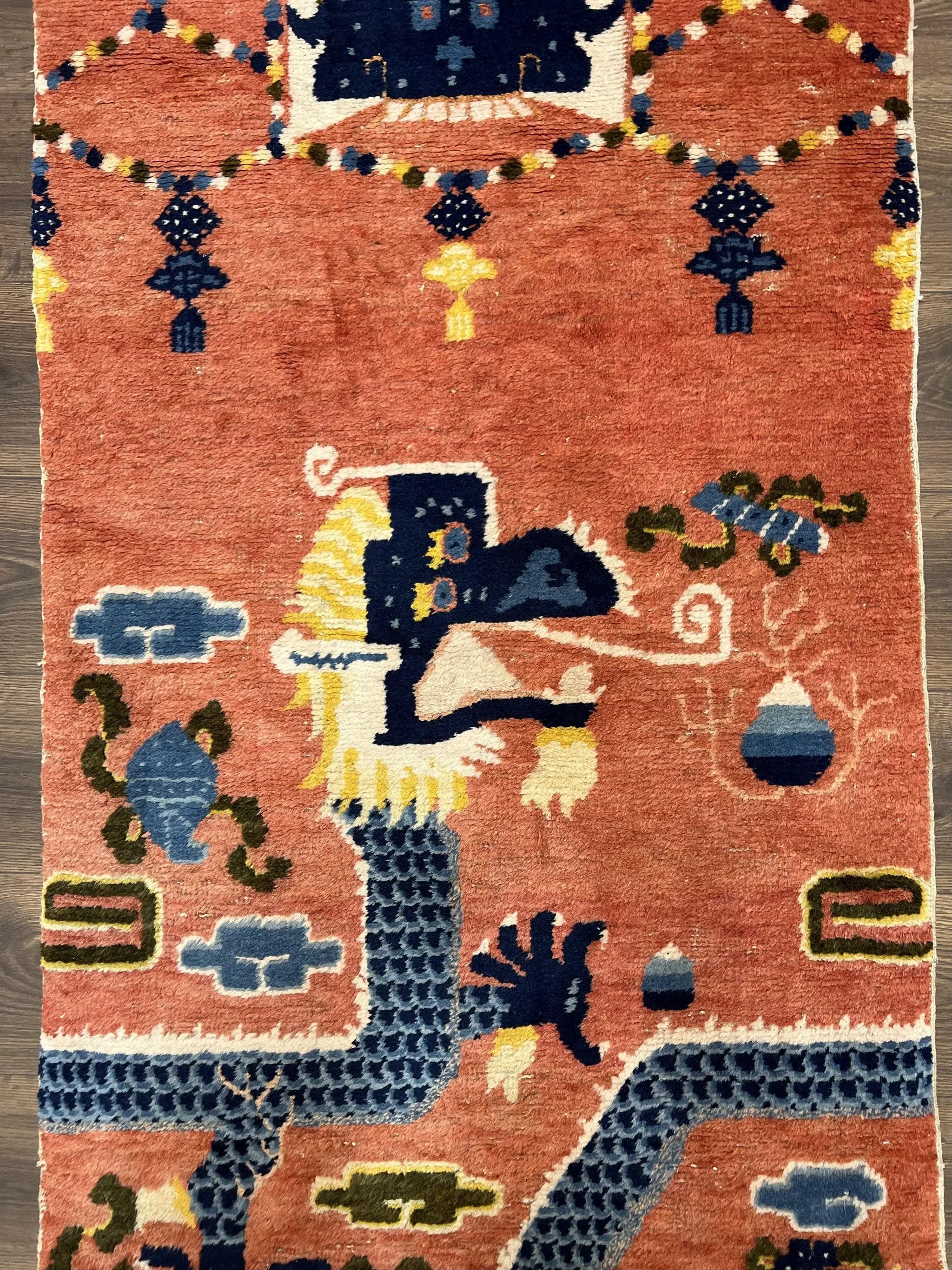 Rare Chinese Ningxia Pillar Rug 3x8, Late Qing Dynasty, 5 Clawed Dragon, Cloud Rainbow Border, Collectible Antique Carpet, Wool Hand Knotted by Jewel Rugs