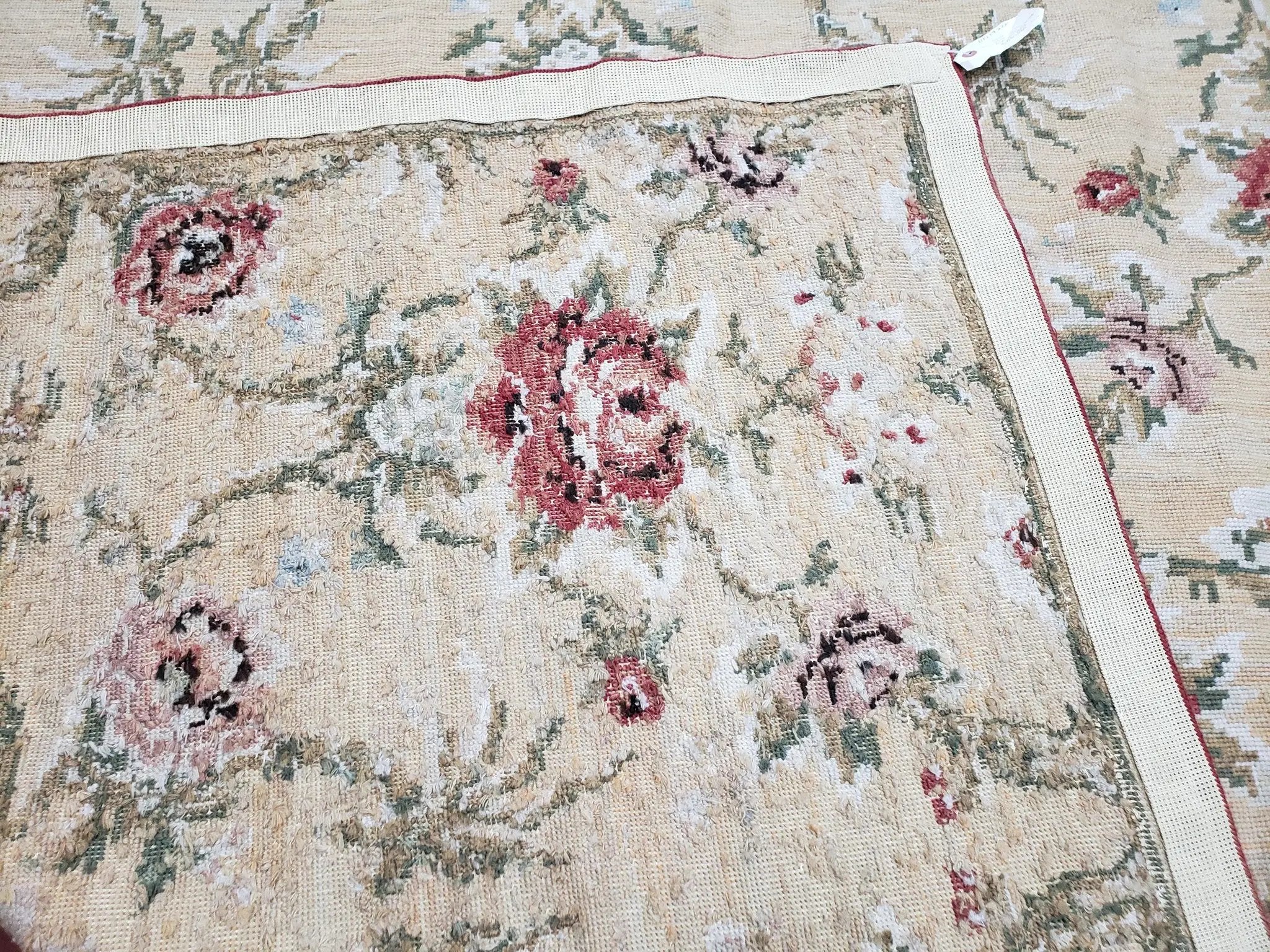 Needlepoint Rug 10x14 Wool Flatweave Carpet, English Floral Pattern, Pale Yellow, Roses, Allover Pattern, Handmade Large Needlepoint Nice by Jewel Rugs