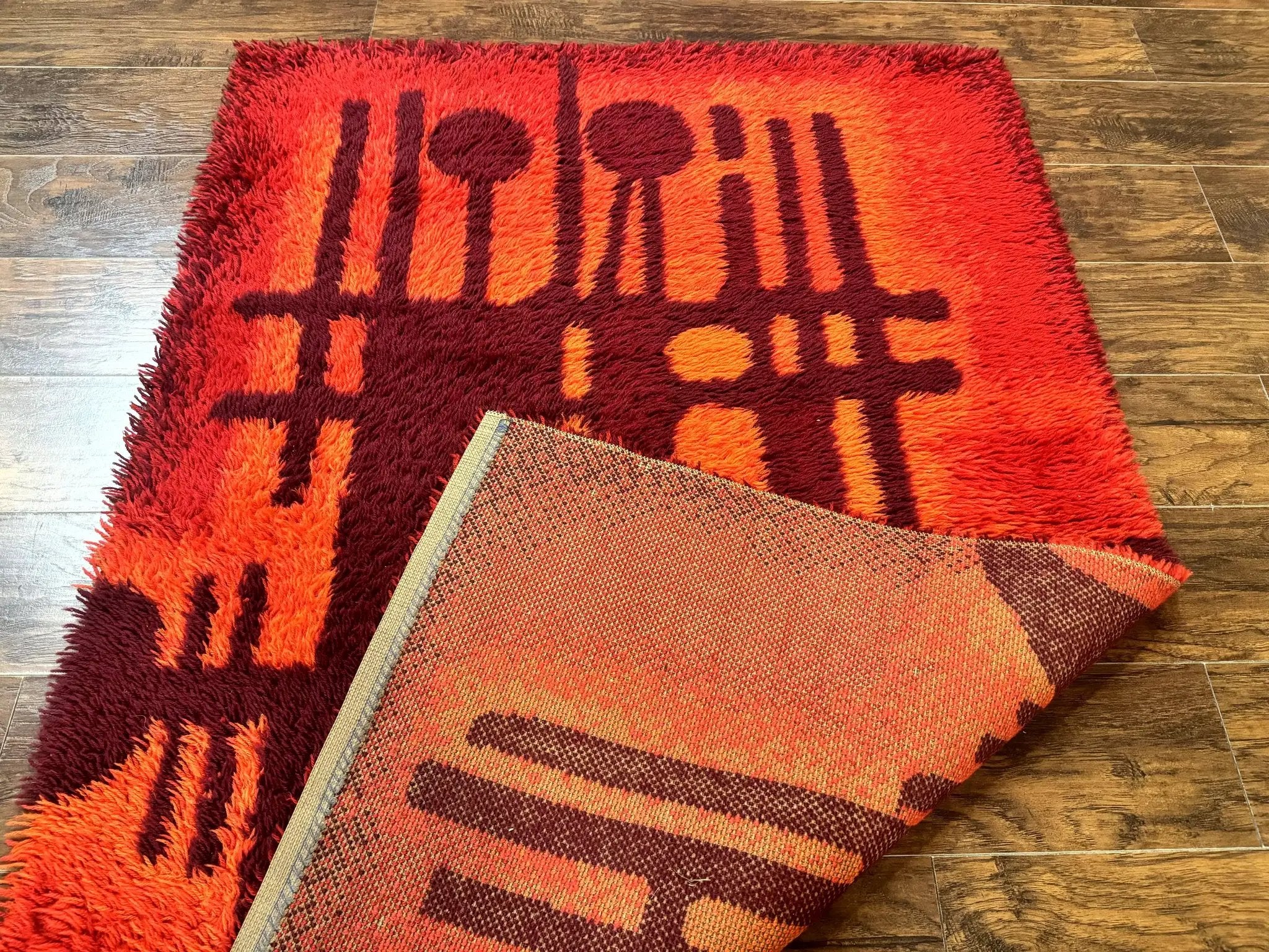 Danish Rya Shag Rug 4x6, Red Vintage Mid Century Retro Abstract Shag Rug by Jewel Rugs