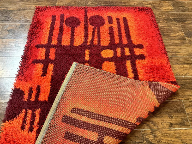 Danish Rya Shag Rug 4x6, Red Vintage Mid Century Retro Abstract Shag Rug by Jewel Rugs