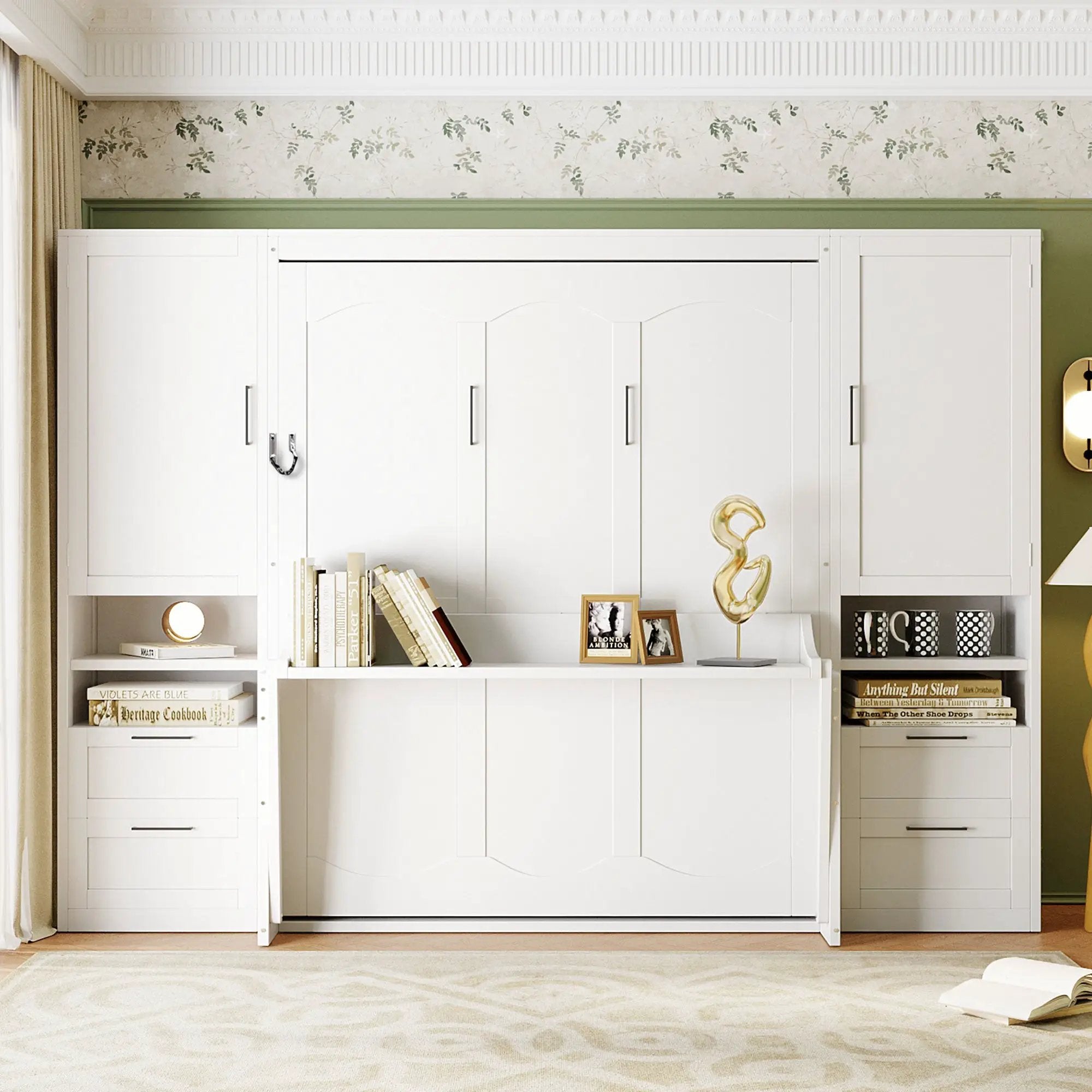 Queen Size Murphy Bed Wall Bed with Closet, Drawers and Shelves, White by HouseOfZazla