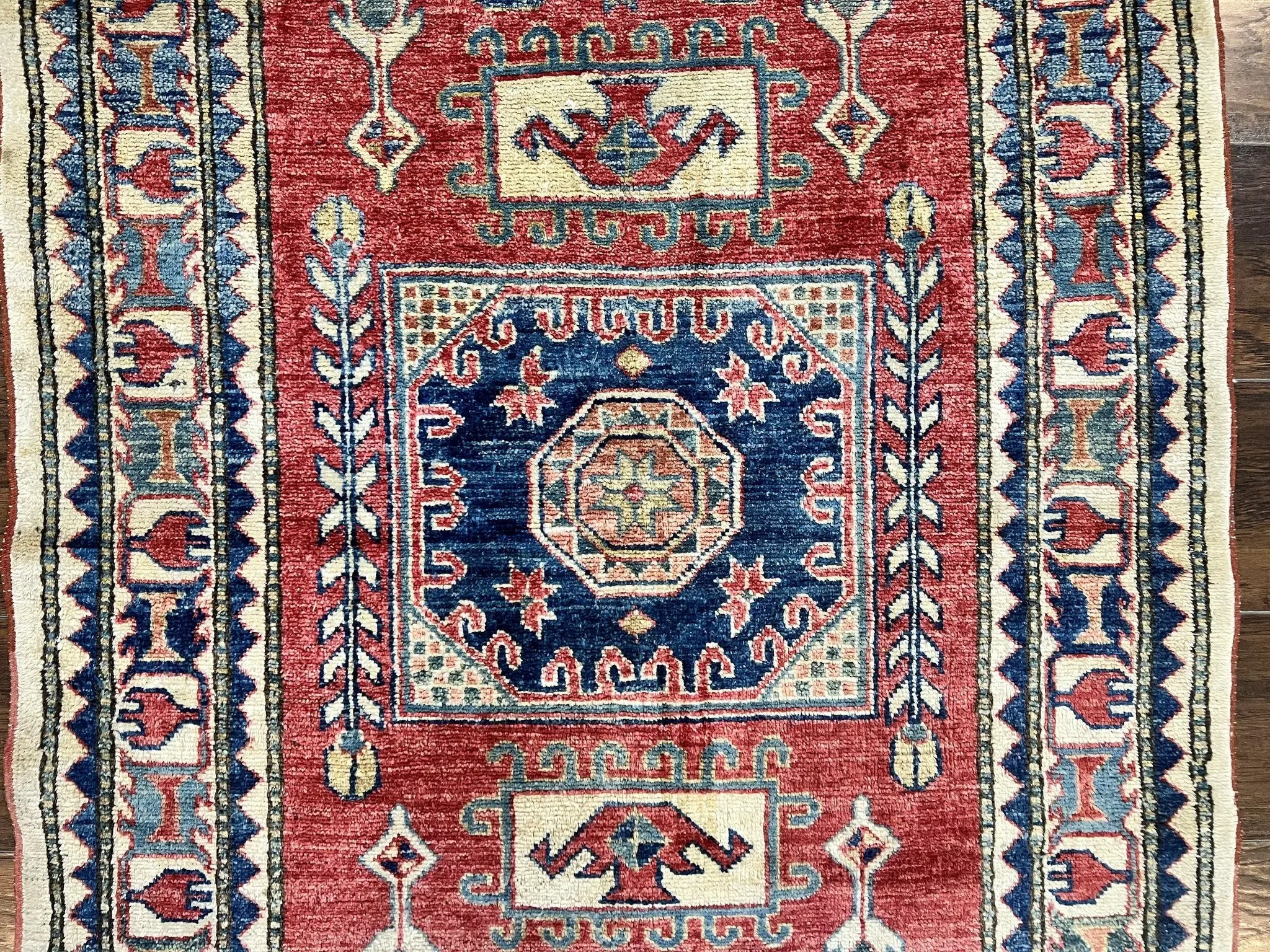 Turkish Kazak Rug 3x4, Wool Hand Knotted Small Vintage Carpet, Red Navy Blue, 3 x 4 Oriental Rug, Geometric Design by Jewel Rugs